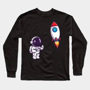 Cute Astronaut Playing Rocket Kite Cartoon Long Sleeve T-Shirt